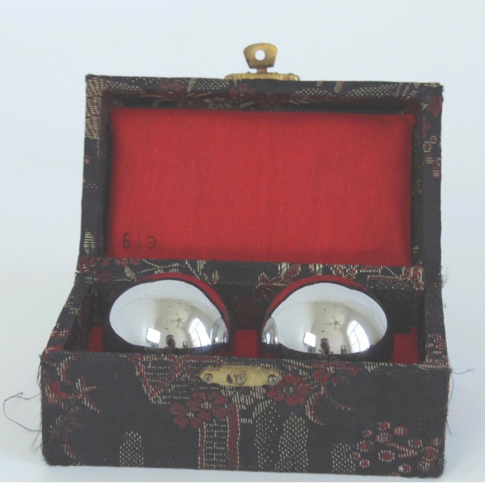 Vintage Chinese Baoding Chime Meditation Balls Silk Box Chrome Silver Set